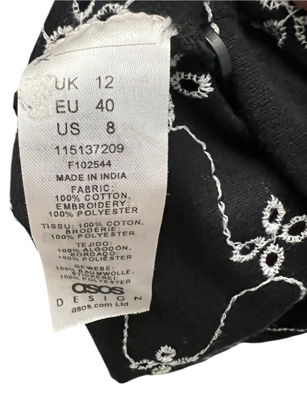 ASOS Black Midi shirt Dress with White embroidered Chain-Link eyelet detail. - Picture 6 of 10